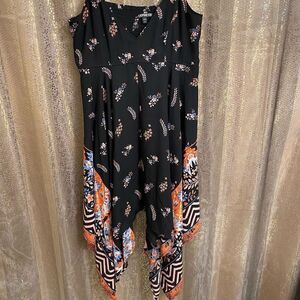 Express Black Orange Paisley Floral Handkerchief Dress, Large